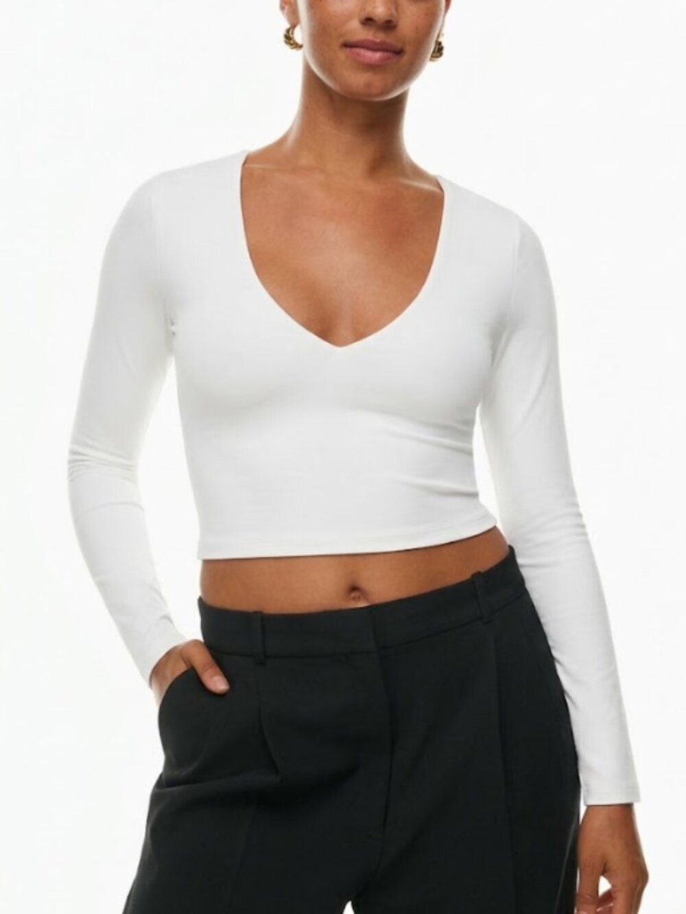 Babaton | Contour V-Neck Long Sleeve White Top | Size Small